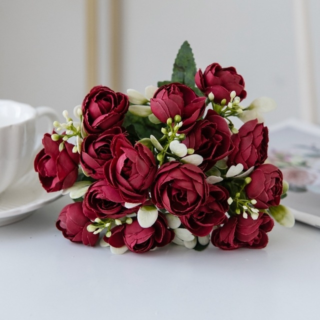 Dirbtinė 5 šakučių rožių maža arbatmedžio puokštė vestuvių puokštė dirbtinė gėlė paprasta namų svetainės valgomojo stalo dekoracija gėlė