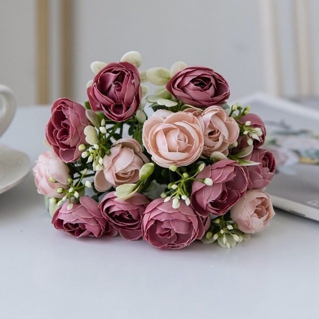 Dirbtinė 5 šakučių rožių maža arbatmedžio puokštė vestuvių puokštė dirbtinė gėlė paprasta namų svetainės valgomojo stalo dekoracija gėlė