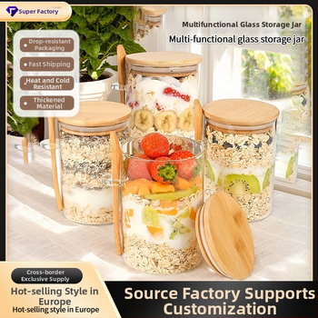 Didelio borosilikatinio jogurto avižinių dribsnių stiklinis butelis su dangteliu, šaukštu, sandariu baku, virtuvės prieskonių grūdų laikymo stiklinis indas