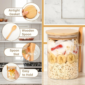 Didelio borosilikatinio jogurto avižinių dribsnių stiklinis butelis su dangteliu, šaukštu, sandariu baku, virtuvės prieskonių grūdų laikymo stiklinis indas