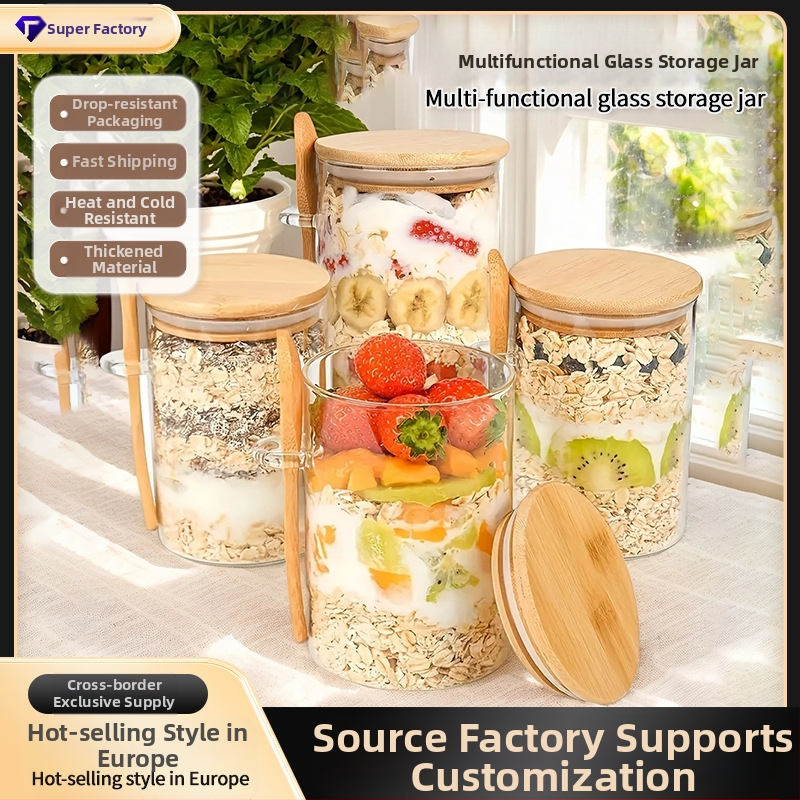 Didelio borosilikatinio jogurto avižinių dribsnių stiklinis butelis su dangteliu, šaukštu, sandariu baku, virtuvės prieskonių grūdų laikymo stiklinis indas