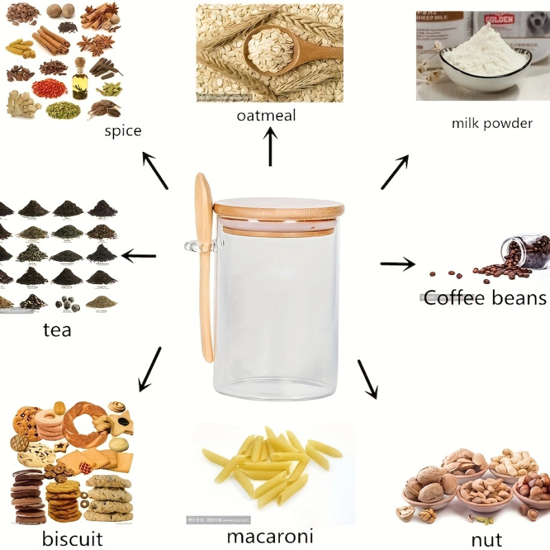 Didelio borosilikatinio jogurto avižinių dribsnių stiklinis butelis su dangteliu, šaukštu, sandariu baku, virtuvės prieskonių grūdų laikymo stiklinis indas