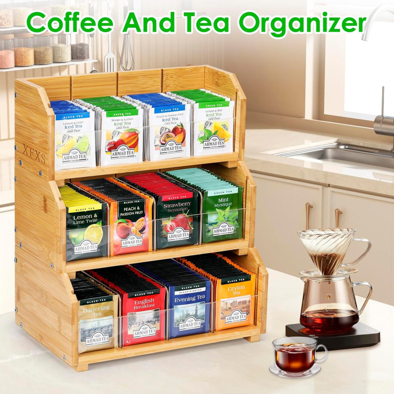 Kreatív, egymásra rakható, fából készült teafilter-tároló állvány, fából készült kávéfilter-tároló állvány, cukorfilter-tároló állvány, tömörfa hozzávalózacskó-tároló állvány