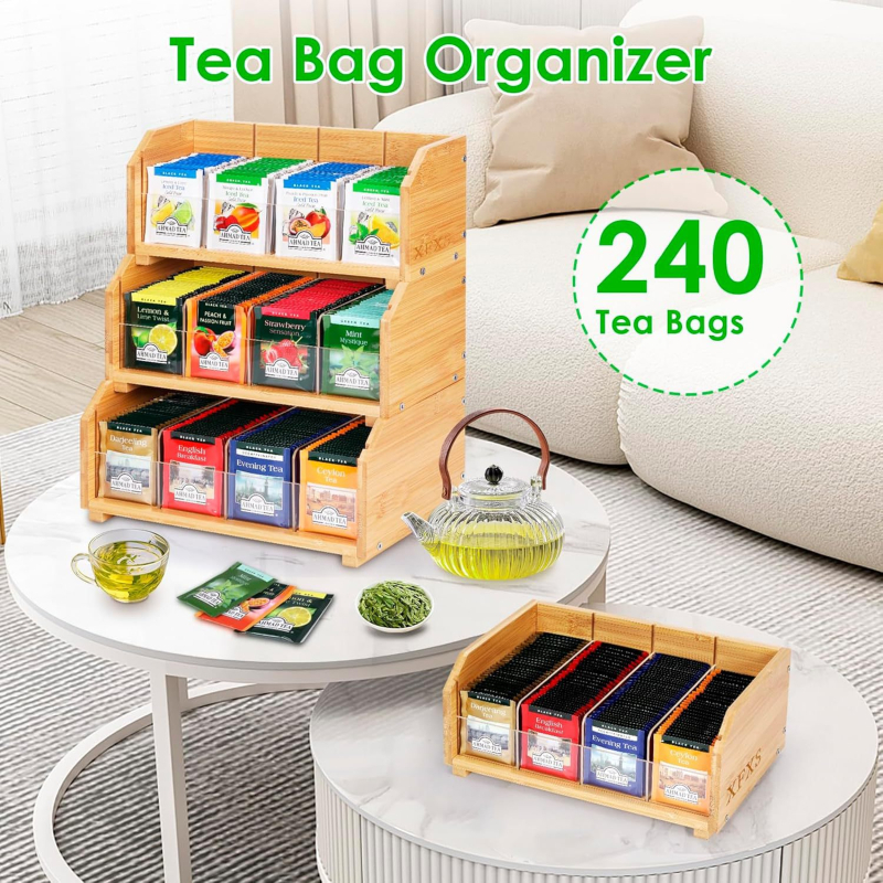 Kreatív, egymásra rakható, fából készült teafilter-tároló állvány, fából készült kávéfilter-tároló állvány, cukorfilter-tároló állvány, tömörfa hozzávalózacskó-tároló állvány