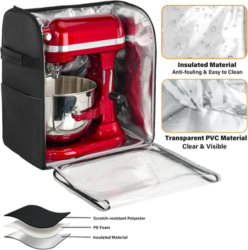 Virtuvinio kombaino dangtis, suderinamas su „KitchenAid“ 6–8 litrų talpos maišytuvu, su nuimamu kietu pagrindu ir permatomu priekiniu skydeliu.