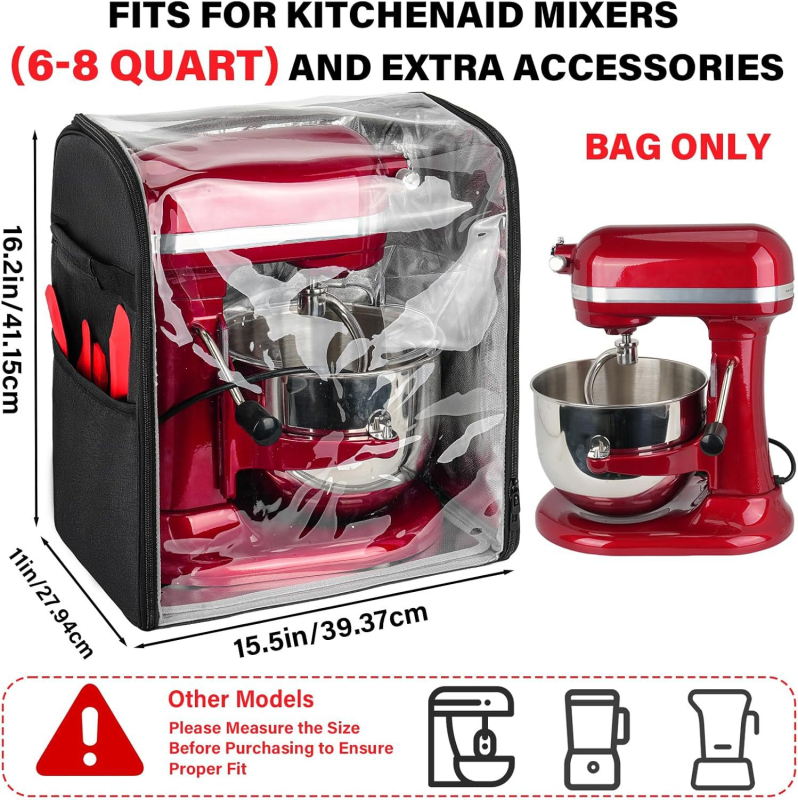Virtuvinio kombaino dangtis, suderinamas su „KitchenAid“ 6–8 litrų talpos maišytuvu, su nuimamu kietu pagrindu ir permatomu priekiniu skydeliu.