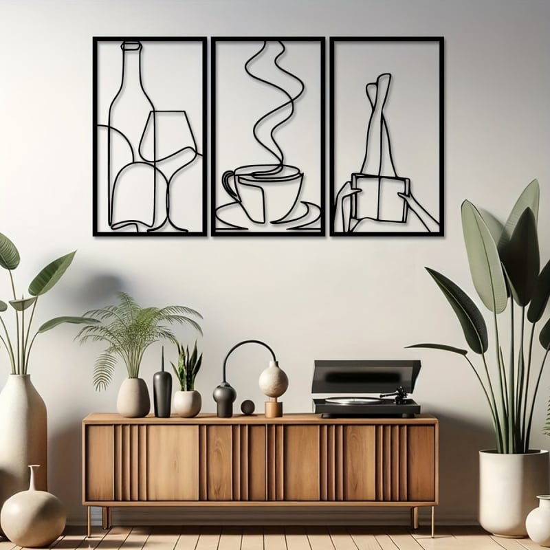 Decorațiune de perete metalică minimalistă cu trei piese, carte, decorațiune de perete minimalistă pentru iubitorii de cafea, cadou de casă nouă