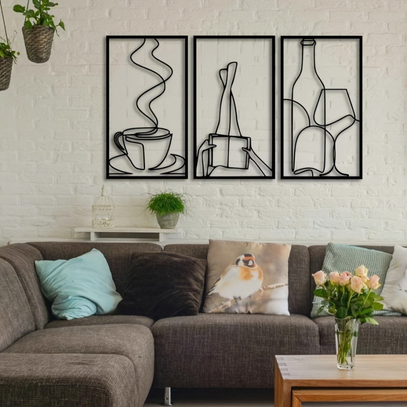 Минималистична метална декорация за стена от три части, минималистична декорация за стена за любители на кафе, подарък за новодомци