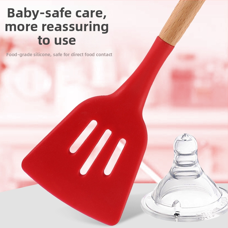 Комплект от 12 силиконови кухненски прибора с дървена дръжка, незалепващо покритие, тиган, лопатка, лъжица за супа, риболовна ограда, кухненски принадлежности с кофа за съхранение