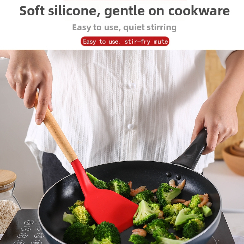 Комплект от 12 силиконови кухненски прибора с дървена дръжка, незалепващо покритие, тиган, лопатка, лъжица за супа, риболовна ограда, кухненски принадлежности с кофа за съхранение