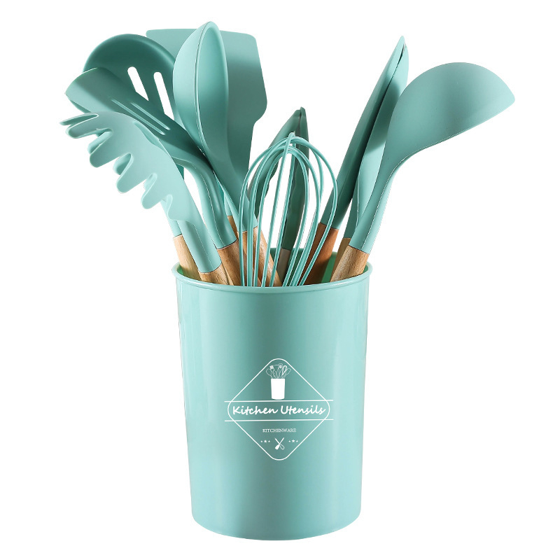 Medinės rankenos silikoniniai virtuvės reikmenys, 12 dalių rinkinys su nelimpančia danga, keptuvės, kastuvo, kastuvo rinkinys, sriubos šaukštas, žvejybos tvora, virtuvės reikmenys su kibiru laikymui