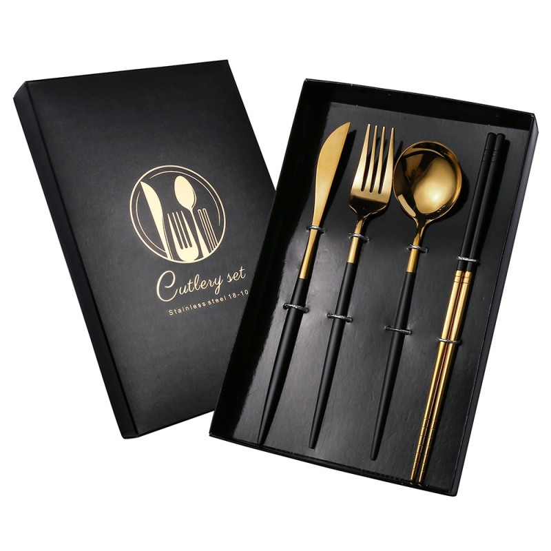 V formos nerūdijančio plieno stalo įrankių rinkinys, portugališkas peilis, šakutė ir šaukštas, keturių dalių, auksinis peilis ir šakutė, vakarietiško stiliaus stalo įrankiai, tinkantys dovanai.