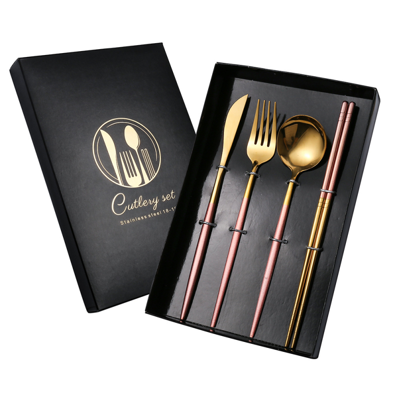 V formos nerūdijančio plieno stalo įrankių rinkinys, portugališkas peilis, šakutė ir šaukštas, keturių dalių, auksinis peilis ir šakutė, vakarietiško stiliaus stalo įrankiai, tinkantys dovanai.