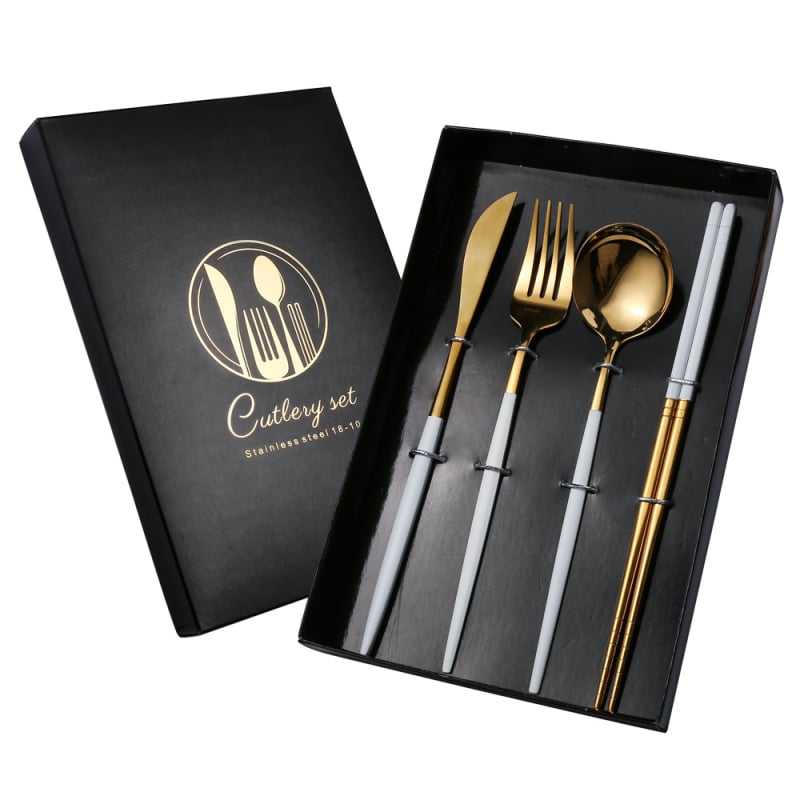 V formos nerūdijančio plieno stalo įrankių rinkinys, portugališkas peilis, šakutė ir šaukštas, keturių dalių, auksinis peilis ir šakutė, vakarietiško stiliaus stalo įrankiai, tinkantys dovanai.