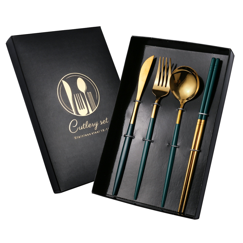 V formos nerūdijančio plieno stalo įrankių rinkinys, portugališkas peilis, šakutė ir šaukštas, keturių dalių, auksinis peilis ir šakutė, vakarietiško stiliaus stalo įrankiai, tinkantys dovanai.