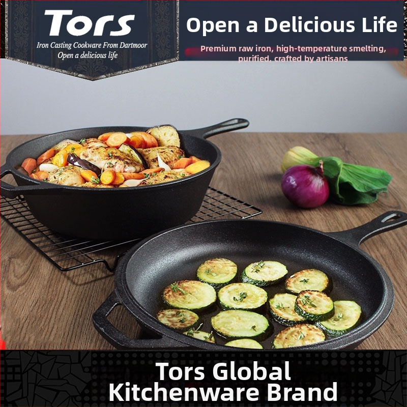 Tols Export Чугунен тиган с една дръжка и двойно предназначение, едноръкохватков, чист чугунен тиган за яхния, домакински, без покритие, капак за приготвяне на тиган