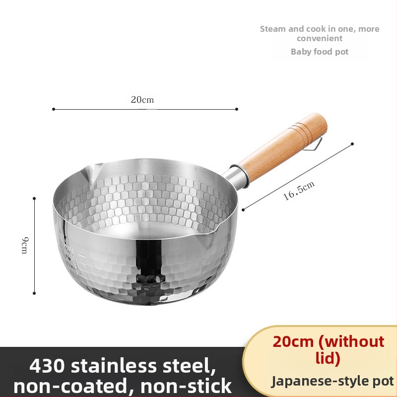 304 nerūdijančio plieno sniego keptuvė be dangos pieno puodas maisto papildas keptuvė su sutirštintu greito paruošimo makaronų puodu japoniškas medinis rankenos sriubos pieno puodas
