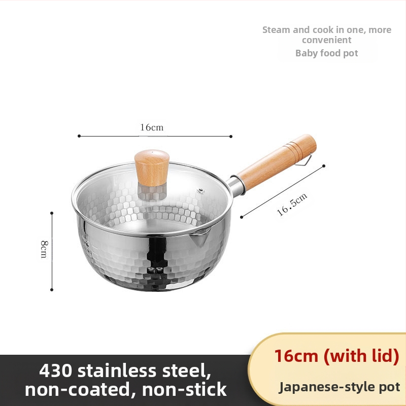 304 nerūdijančio plieno sniego keptuvė be dangos pieno puodas maisto papildas keptuvė su sutirštintu greito paruošimo makaronų puodu japoniškas medinis rankenos sriubos pieno puodas