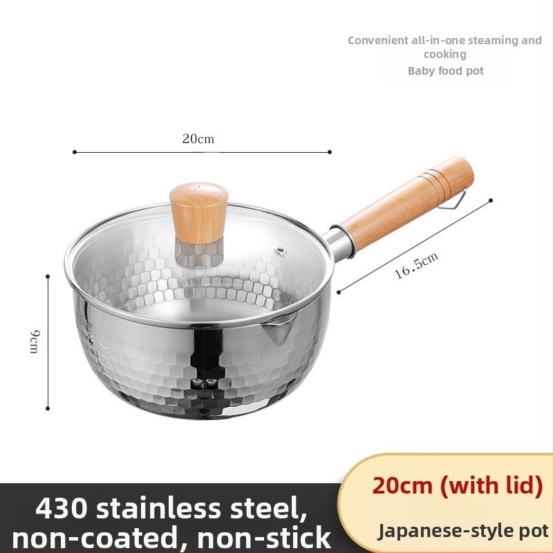 304 nerūdijančio plieno sniego keptuvė be dangos pieno puodas maisto papildas keptuvė su sutirštintu greito paruošimo makaronų puodu japoniškas medinis rankenos sriubos pieno puodas