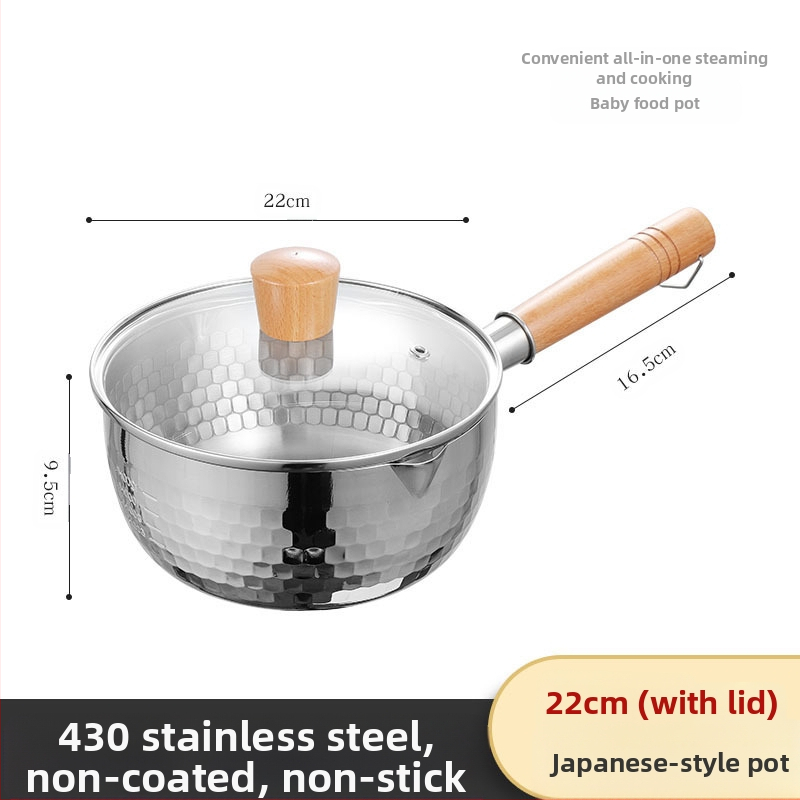304 nerūdijančio plieno sniego keptuvė be dangos pieno puodas maisto papildas keptuvė su sutirštintu greito paruošimo makaronų puodu japoniškas medinis rankenos sriubos pieno puodas