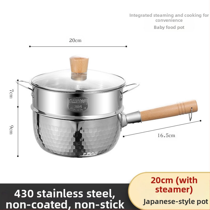 304 nerūdijančio plieno sniego keptuvė be dangos pieno puodas maisto papildas keptuvė su sutirštintu greito paruošimo makaronų puodu japoniškas medinis rankenos sriubos pieno puodas