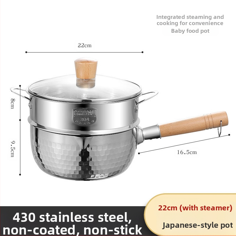 304 nerūdijančio plieno sniego keptuvė be dangos pieno puodas maisto papildas keptuvė su sutirštintu greito paruošimo makaronų puodu japoniškas medinis rankenos sriubos pieno puodas