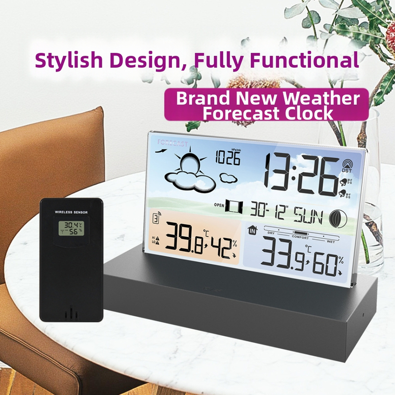 Трансграничен нов продукт Прозрачен стъклен часовник за времето 3396C Цветен екран Rf Безжичен многофункционален цифров будилник с прогноза за времето