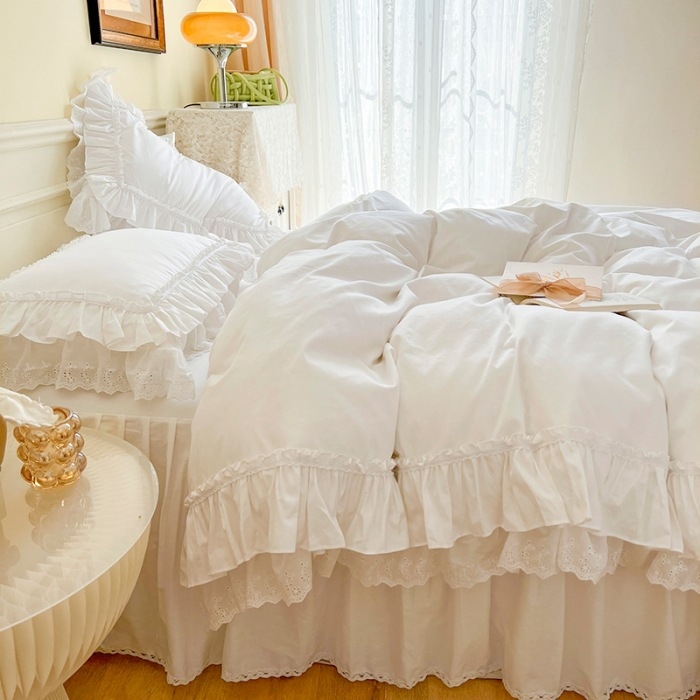 Prabangi „Nordic Entry“ medvilnė, 100 % grynos medvilnės, balta, keturių dalių, princesės stiliaus, rauktas antklodės užvalkalas, nėriniuotas, raudonas, lovatiesis, 4 vnt.