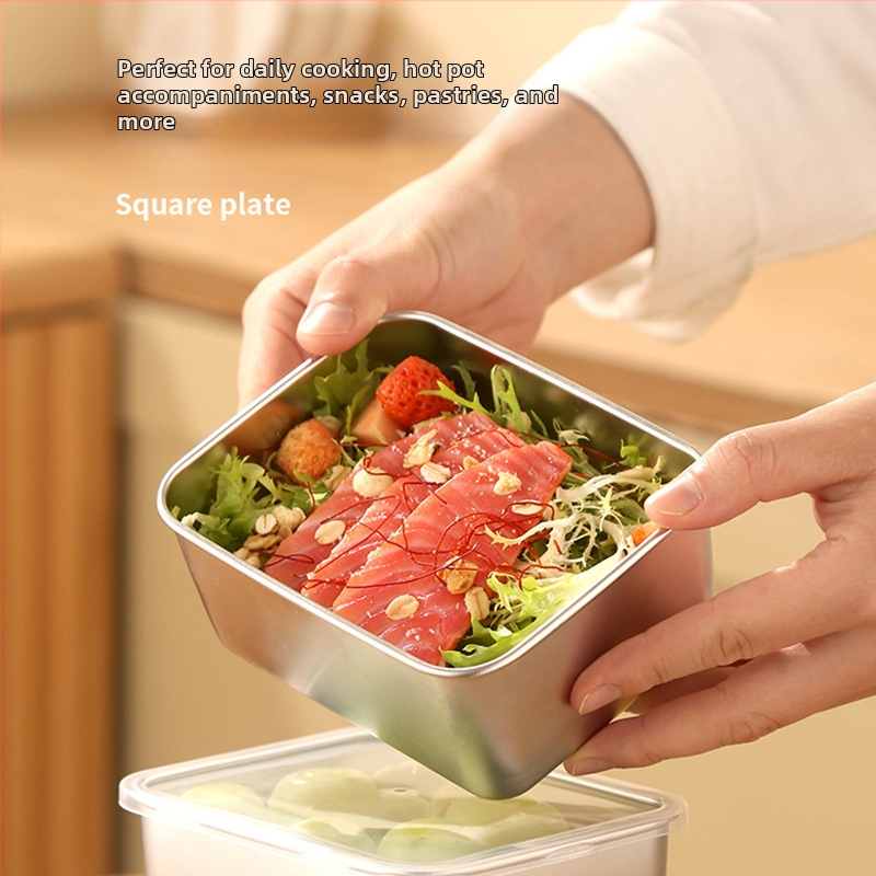 Малка кутия за обяд от неръждаема стомана с капак, кутия за хранителни опаковки, гореща тенджера със саксия за зеленчуци, задълбочаваща се квадратна кутия за приготвяне на храна на открито