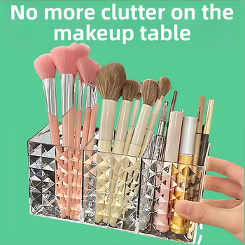 PS anyagból készült vastagított átlátszó háromrekeszes kozmetikai tárolódoboz gyémánt mintás sminktoll szemöldöktoll tárolócső asztali tollcső