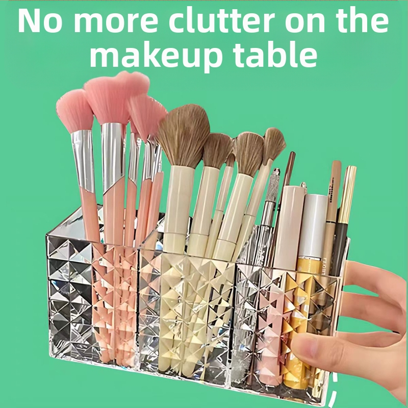 PS материал, удебелен прозрачен, с три отделения, кутия за съхранение на козметика с диамантена шарка, писалка за грим за вежди, тръбичка за съхранение на настолна писалка