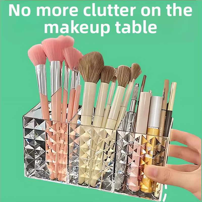 PS anyagból készült vastagított átlátszó háromrekeszes kozmetikai tárolódoboz gyémánt mintás sminktoll szemöldöktoll tárolócső asztali tollcső