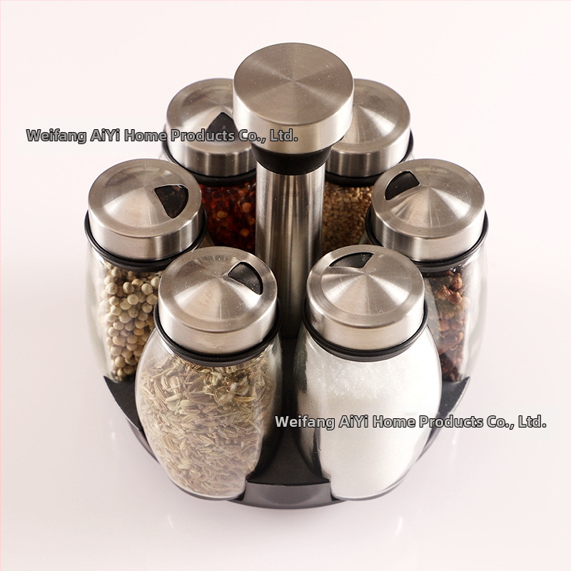 Кухненски принадлежности, въртящ се комплект стъклени бутилки за подправки, буркан от неръждаема стомана за подправки, поставка за бутилки за подправки, кутия за подправки