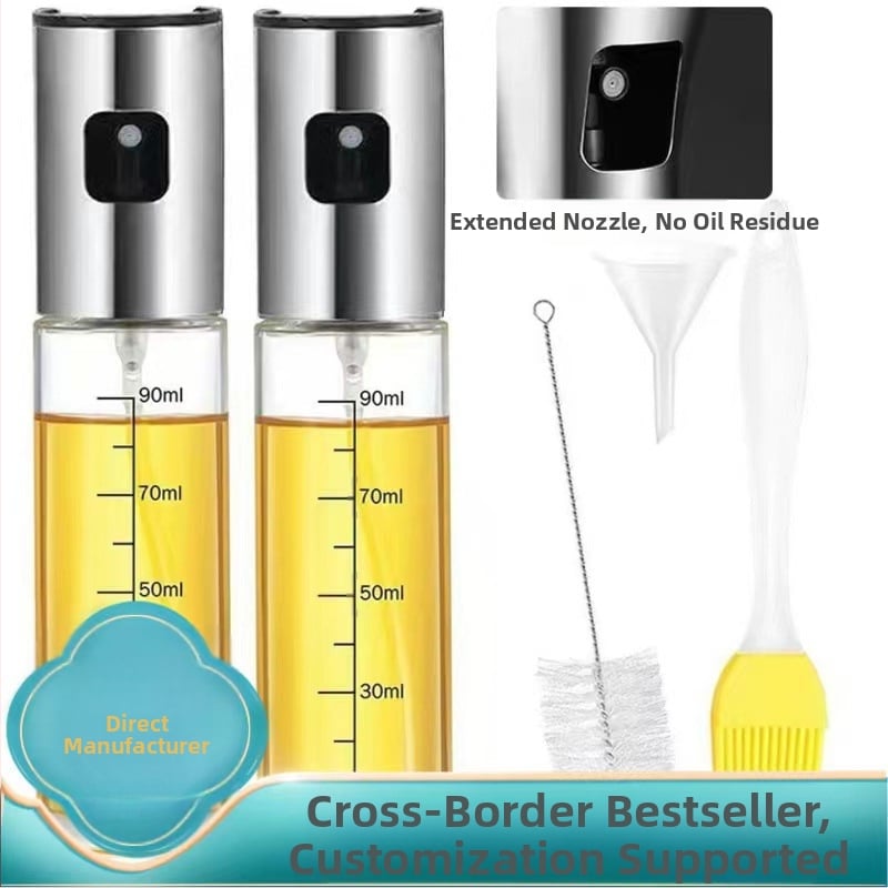 [Износ и износ] Комплект от четири части бутилка за пръскане от неръждаема стомана с четка, фуния, преса, спрей за барбекю, бутилка за олио