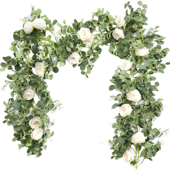 Mākslīgais eikalipta vainags plus mākslīgā zīda auduma rožu rotangpalmas zaļais rotājums rotangpalmas kāzu arkveida galda sienas fons