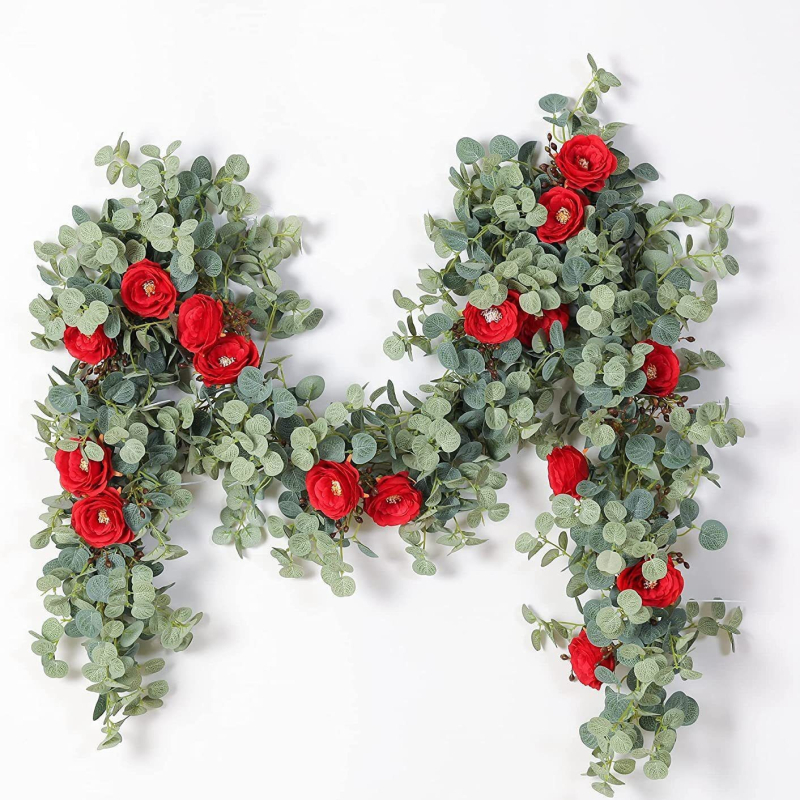 Mākslīgais eikalipta vainags plus mākslīgā zīda auduma rožu rotangpalmas zaļais rotājums rotangpalmas kāzu arkveida galda sienas fons