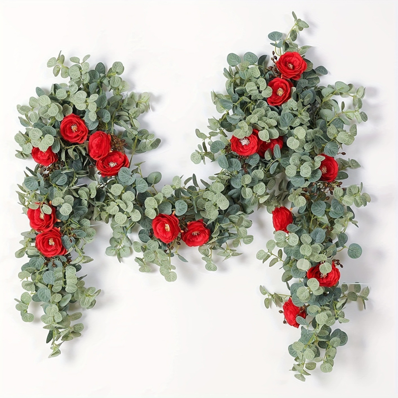 Mākslīgais eikalipta vainags plus mākslīgā zīda auduma rožu rotangpalmas zaļais rotājums rotangpalmas kāzu arkveida galda sienas fons