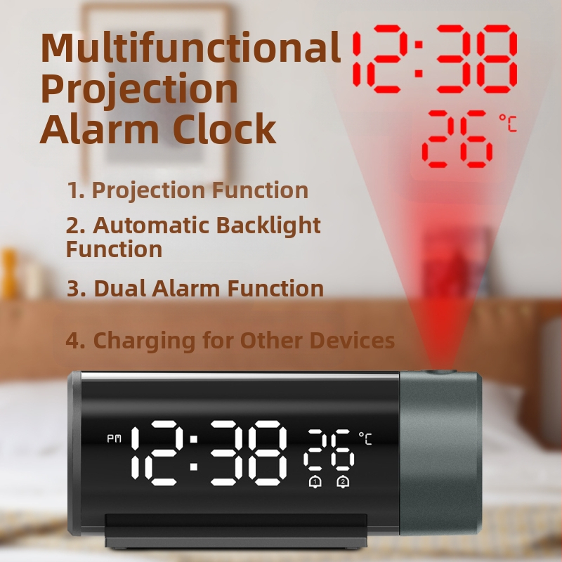 Ceas de proiecție transfrontalieră, ceas deșteptător, vânzare fierbinte, ceas electronic cu încărcare USB, ceas deșteptător dublu, proiecție de timp și temperatură