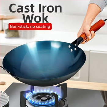 Hotelli peakoka eriline puidust käepidemega raudpott, vanamoodne majapidamiswokk, paksendatud wok, raskesti kleepuv, katmata ümara põhjaga pott