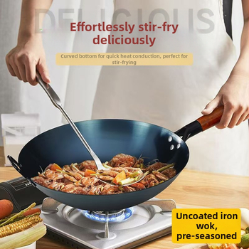 Hotelli peakoka eriline puidust käepidemega raudpott, vanamoodne majapidamiswokk, paksendatud wok, raskesti kleepuv, katmata ümara põhjaga pott