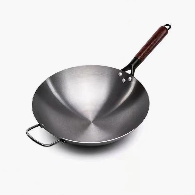Hotelli peakoka eriline puidust käepidemega raudpott, vanamoodne majapidamiswokk, paksendatud wok, raskesti kleepuv, katmata ümara põhjaga pott