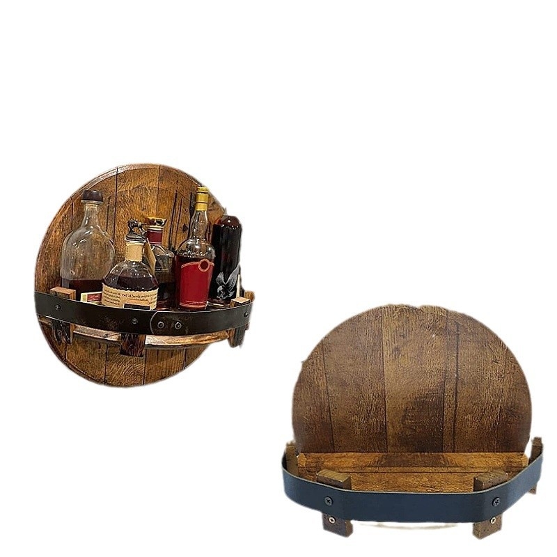 Bourbon Whiskey Barrel Rack rankų darbo medinis vyno vitrinos stalas, montuojamas ant sienos, skirtas užsienio prekybai