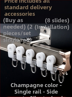 Užuolaidų bėgių skriemulys, viršuje montuojamas kablio tipo šone montuojamas lenktas bėgelis, įlankos langas su aliuminio lydiniu, dvigubo bėgelio slydimo nutildymo kreipiančioji bėgelė