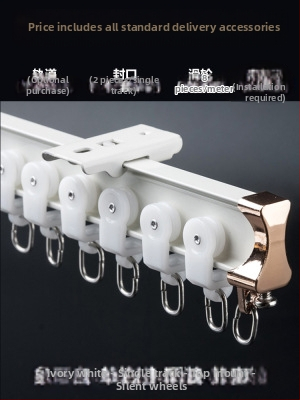 Užuolaidų bėgių skriemulys, viršuje montuojamas kablio tipo šone montuojamas lenktas bėgelis, įlankos langas su aliuminio lydiniu, dvigubo bėgelio slydimo nutildymo kreipiančioji bėgelė