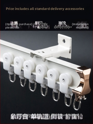 Užuolaidų bėgių skriemulys, viršuje montuojamas kablio tipo šone montuojamas lenktas bėgelis, įlankos langas su aliuminio lydiniu, dvigubo bėgelio slydimo nutildymo kreipiančioji bėgelė