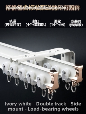 Užuolaidų bėgių skriemulys, viršuje montuojamas kablio tipo šone montuojamas lenktas bėgelis, įlankos langas su aliuminio lydiniu, dvigubo bėgelio slydimo nutildymo kreipiančioji bėgelė