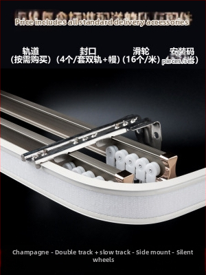 Užuolaidų bėgių skriemulys, viršuje montuojamas kablio tipo šone montuojamas lenktas bėgelis, įlankos langas su aliuminio lydiniu, dvigubo bėgelio slydimo nutildymo kreipiančioji bėgelė