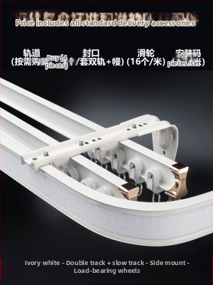 Užuolaidų bėgių skriemulys, viršuje montuojamas kablio tipo šone montuojamas lenktas bėgelis, įlankos langas su aliuminio lydiniu, dvigubo bėgelio slydimo nutildymo kreipiančioji bėgelė