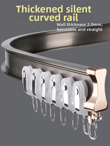 Užuolaidų bėgių skriemulys, viršuje montuojamas kablio tipo šone montuojamas lenktas bėgelis, įlankos langas su aliuminio lydiniu, dvigubo bėgelio slydimo nutildymo kreipiančioji bėgelė