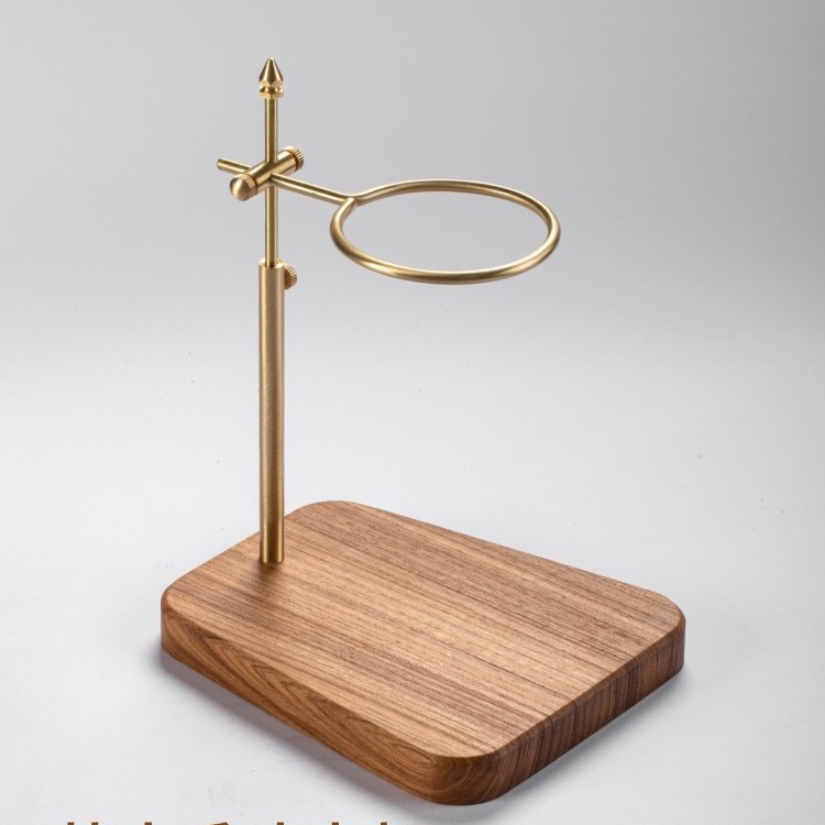 Medžio masyvo žalvario rankinis kavos laikiklis su retro reguliuojamu medžio masyvo pagrindu kavos filtro puodelio laikiklis, palaikantis prietaisą